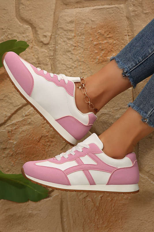 Pink Color Block Lace-up PU Leather Sneakers