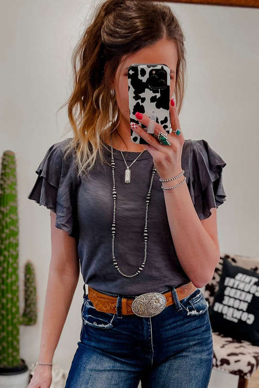 Dark Grey Layered Ruffle Short Sleeve Round Neck Top