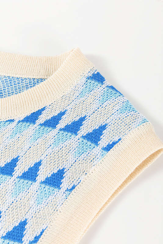 Blue V-Neck Knitted Summer Top with Exposed Seams