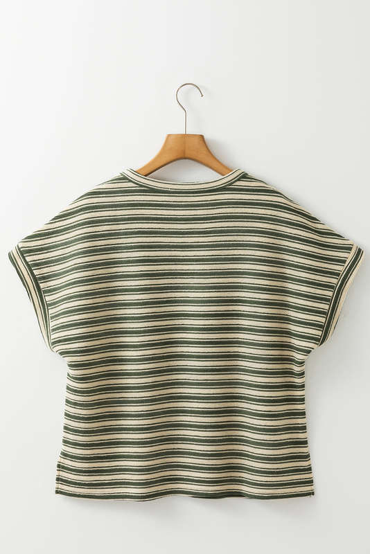 Green Stripe Textured Side Slits Crew Neck T Shirt