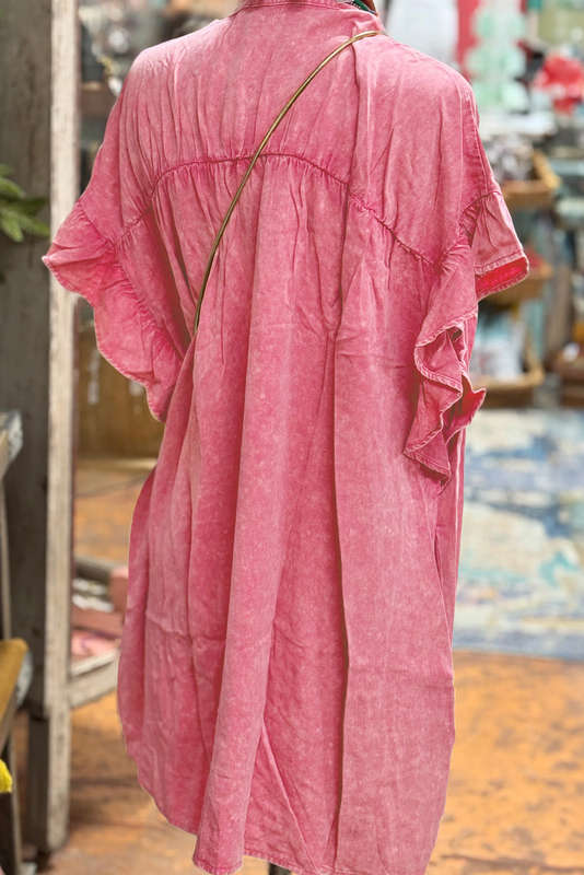 Pink Ruffled Short Sleeve Buttoned Denim Mini Dress