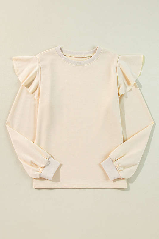 Jet Stream Solid Color Ruffled Shoulder Long Sleeve Blouse
