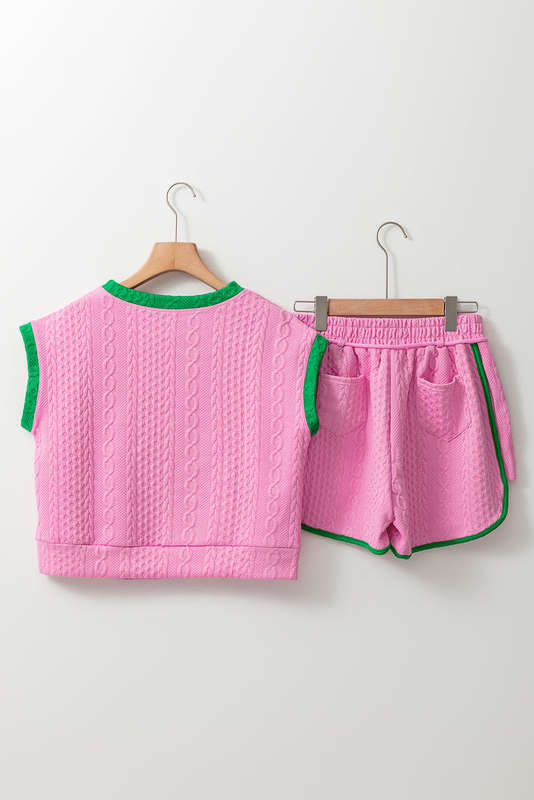 Pink Contrast Trim Cable Textured Shorts Set