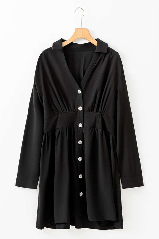 Black Elastic Cinched High Waist Long Sleeve Shirt Mini Dress