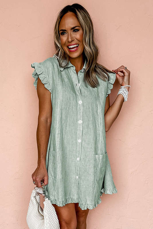 Green Stripe Frilled Sleeveless Collar Front Pocket Button Up Mini Dress