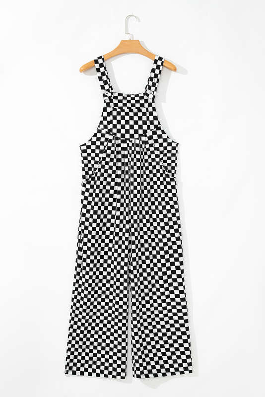 Black Checkered Print Pocketed Wide Leg Jumpsuit