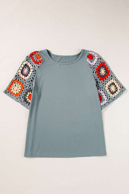 Medium Grey Floral Crochet Short Sleeve Top