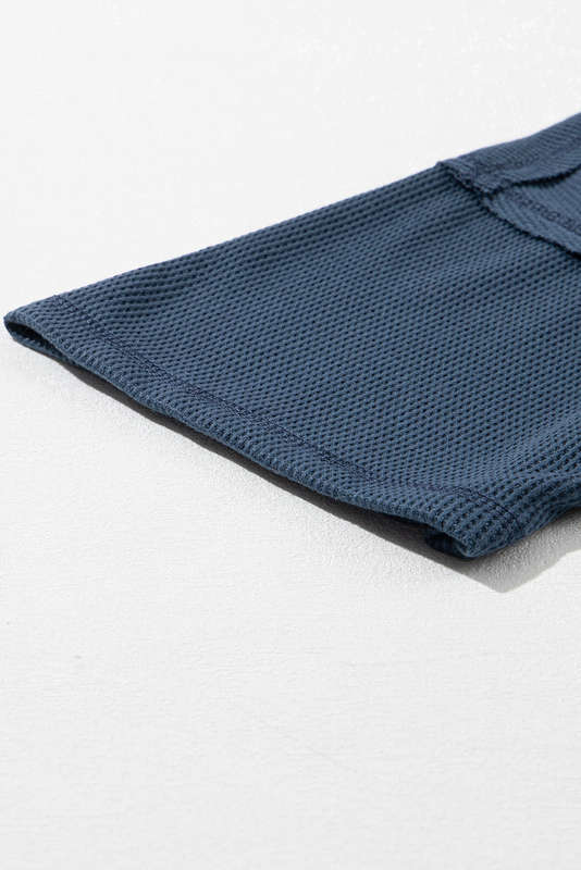 Blue Exposed Seam Half Sleeve Knitted V Neck Textured Top