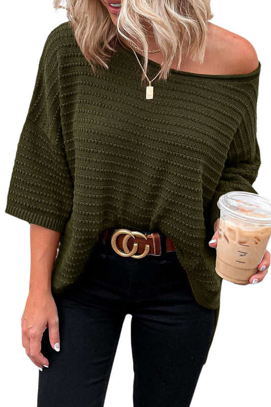 Green Textured Knit Drop Shoulder Short Sleeve Sweater