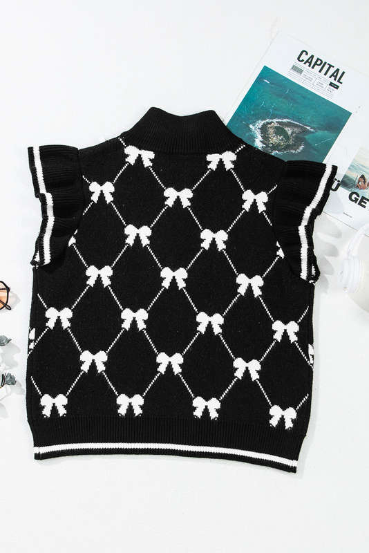 Black Preppy Vibes Bow Print Zipped Collar Sweater Tee