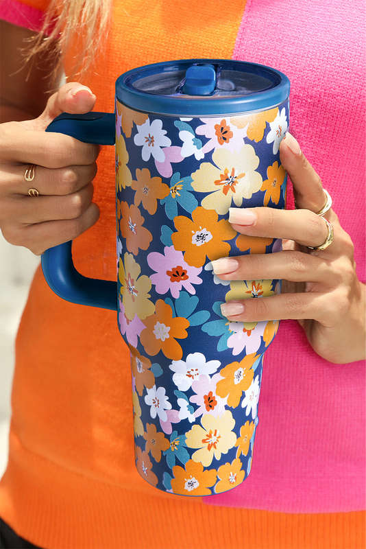 Sky Blue Flower Print Stainless Steel Large Vacuum Cup