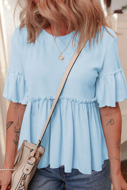 Beau Blue Solid Color Textured Frilly Ruffle Patchwork Blouse