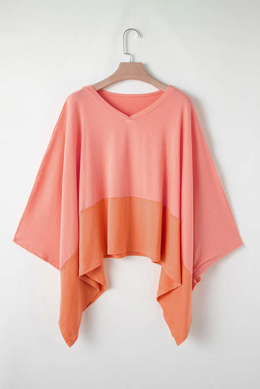 Grapefruit Orange Contrast Color Patchwork Oversized Side Split Top