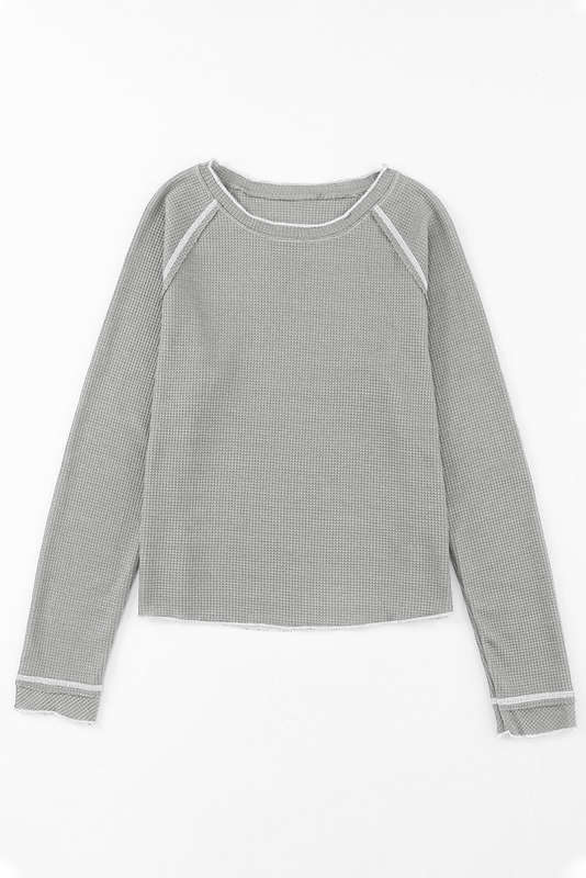 Gray Textured Round Neck Long Sleeve Top