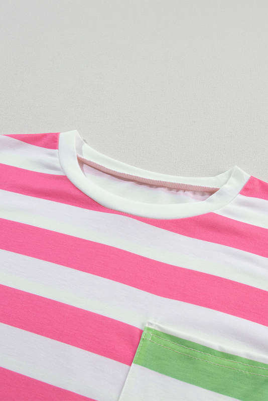 Pink Stripe Contrast Patch Pocket Drop Sleeve T Shirt