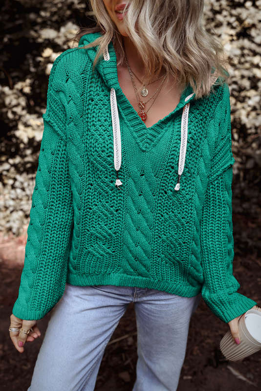 Green Knitted V-Neck Casual Top with Raw Seam Detail