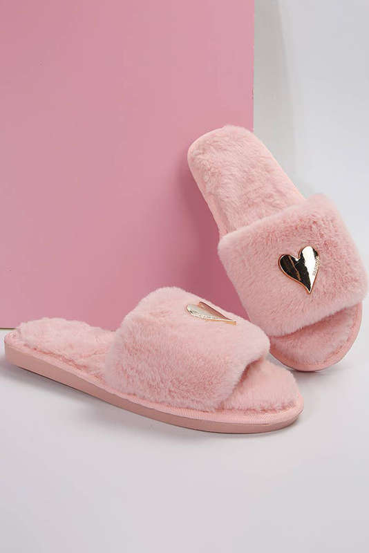 Pink Heart Shape Buckle Decor Open Toe Plush Slippers