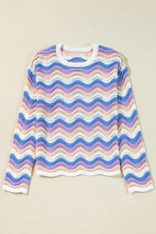 Purple Stripe Wavy Pointelle Knit Drop Shoulder Sweater