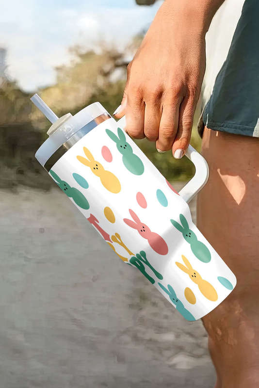 White DONT WORRY BE HOPPY Bunny Print Thermal Tumbler 40oz