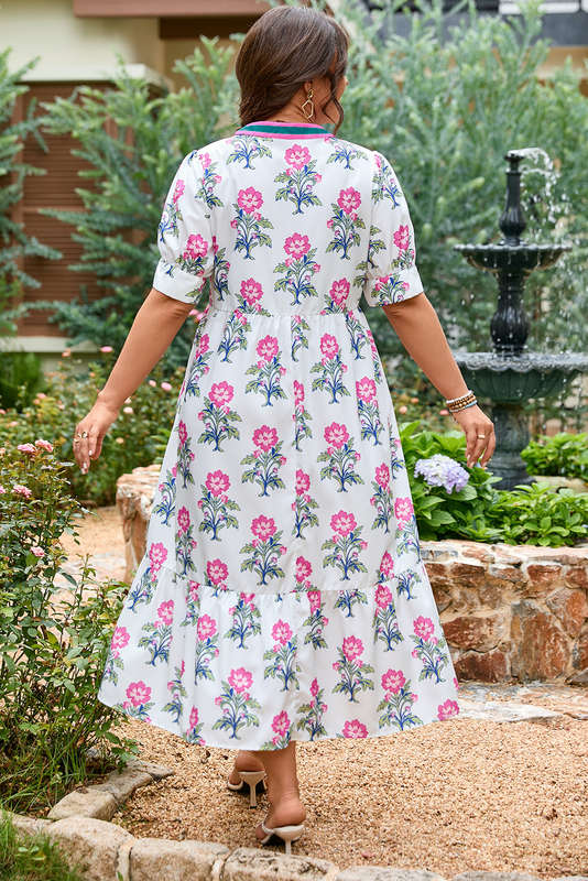 White Allover Print Contrast Split Neckline Short Puff Sleeve Curvy Dress