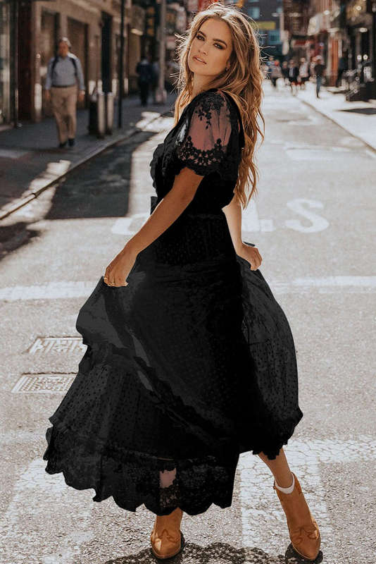 Black Dotty Lace Mesh Flowy Maxi Dress