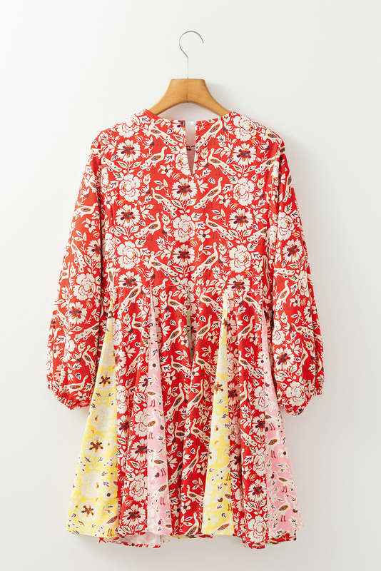 Red Colorful Floral Patchwork Long Sleeve Pleated Mini Dress