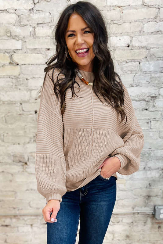 Parchment Mixed Texture Patchwork Knitted Puff Sleeve Sweater