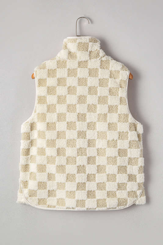 Khaki Sherpa Checkerboard Snap Button Vest Jacket With Pocket