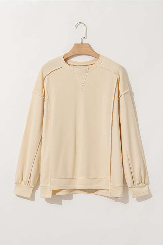 Beige Splicing Round Neck Pullover Sweatshirt