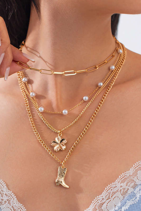 Gold Plated Flower Boot Pendent Pearl Chaining Necklace