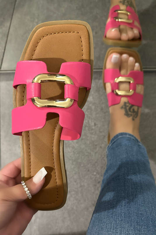 Rose Red Metal Decor Cut Out Square Toe Slippers