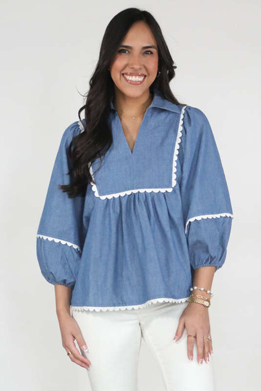 Dusk Blue Lace Ric Rac 3/4 Puff Sleeve Collared Babydoll Blouse