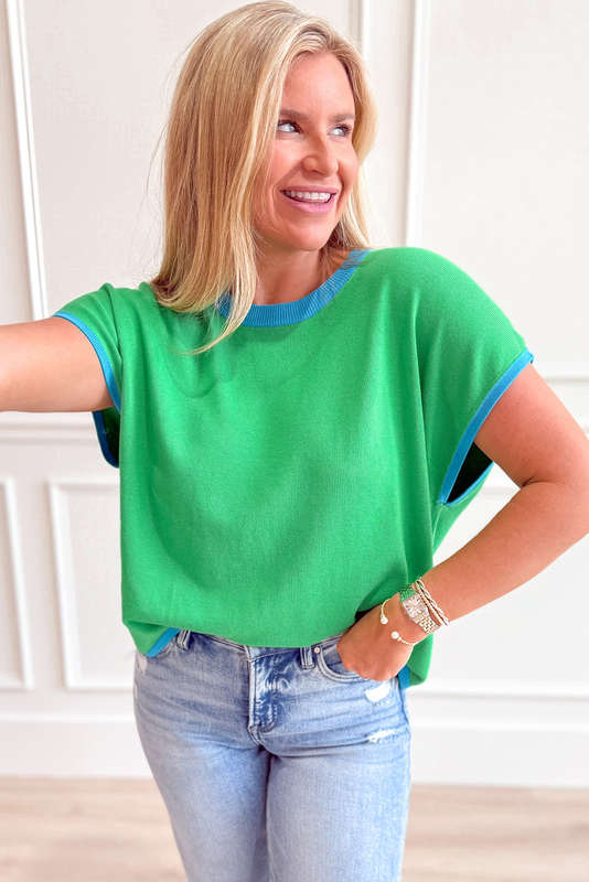 Green Contrast Trim Round Neck Short Sleeve Loose Knit Sweater