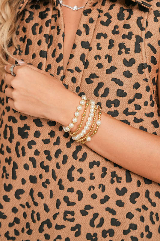Gold Cross Pearls Decor Plated Beaded Multi Layer Bracelets
