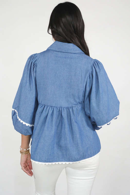 Dusk Blue Lace Ric Rac 3/4 Puff Sleeve Collared Babydoll Blouse