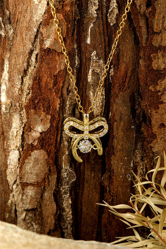 Gold Rhinestone Bow Knot Pendant Plated Alloy Necklace