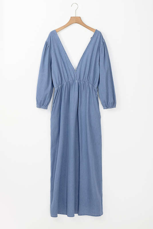 Myosotis Chambray Deep V Neck Bracelet Sleeve Maxi Dress