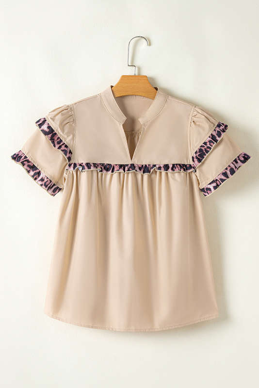 Smoke Gray Leopard Ruffles Trim Tiered Short Sleeve Blouse