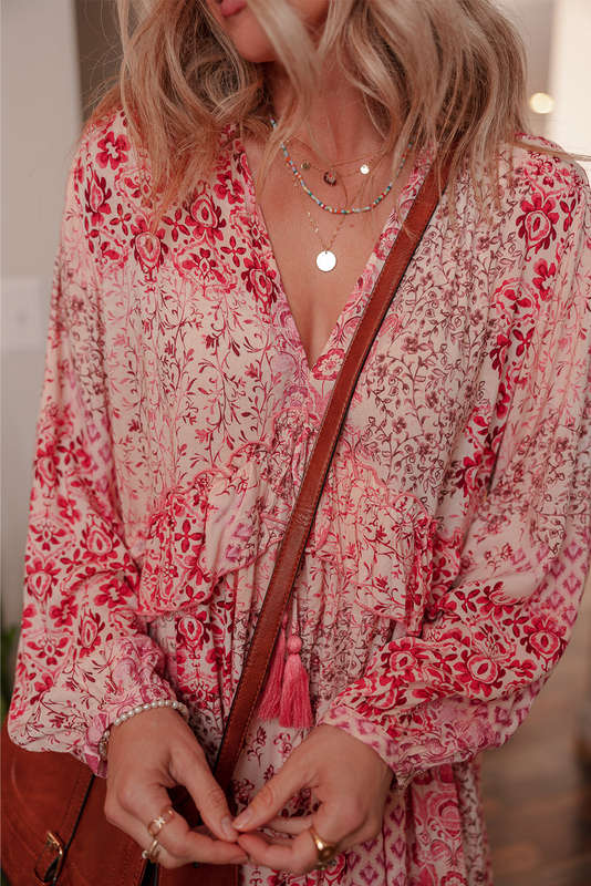 Pink Bohemian Floral Print Tassel Tie Long Sleeve Flowy Mini Dress