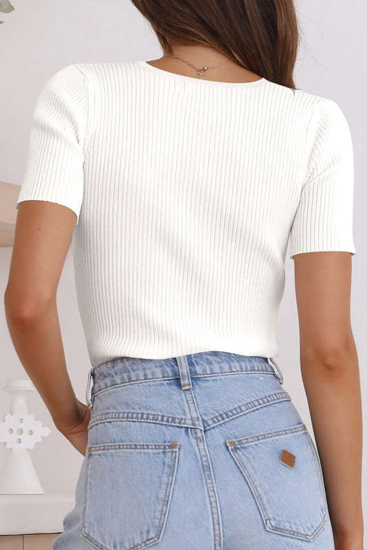 White V Neck Ribbed Knit Lightweight Short Sleeve Sweater