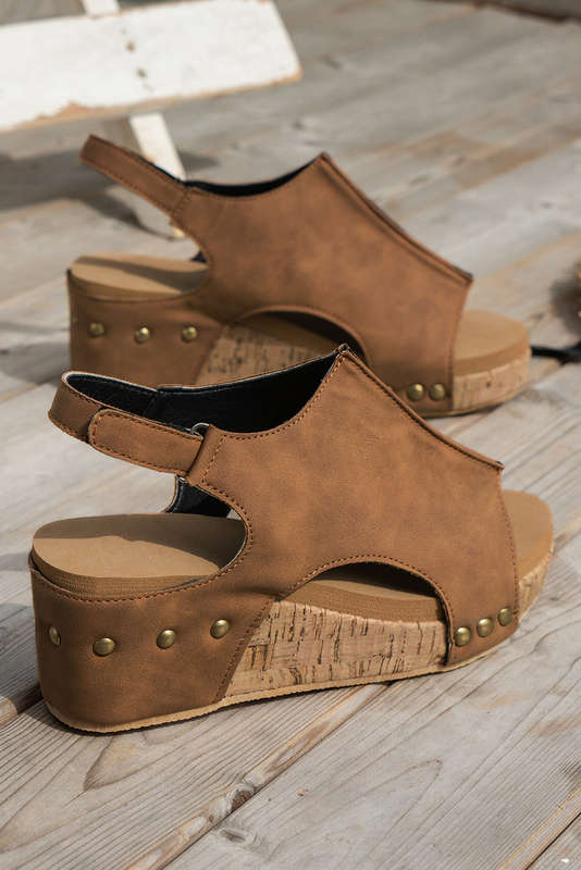 Brown Vintage Leather Stitching Studded Wedge Sandals