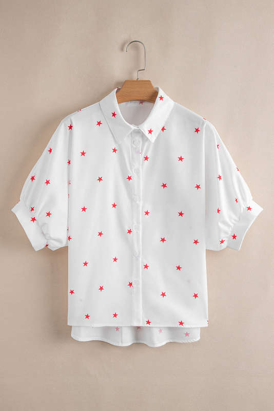 White Little Stars Printed Loose Half Sleeve Loose Shirt
