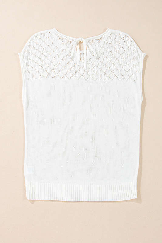 White Eyelet Knit Tied Back Short Sleeve Sweater