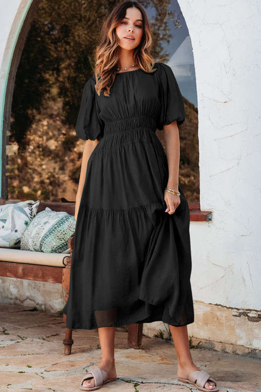 Black Puff Sleeve Pleated High Waist Flowy Midi Dress