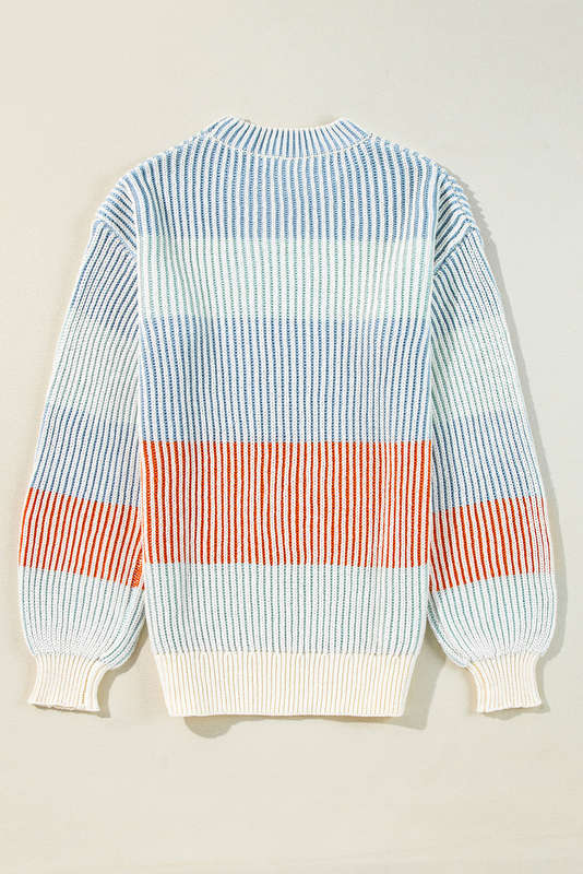 Multicolour Colorblock Textured Knit Bubble Sleeve Sweater