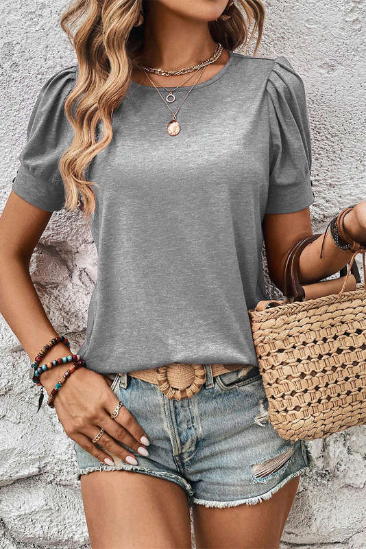 Light Grey Pleated Puff Sleeve Tee
