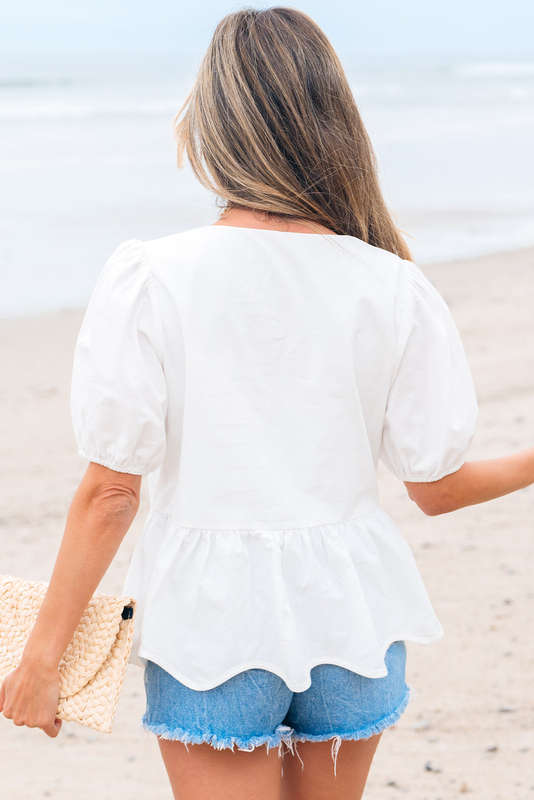 White Bow Knot Decor Square Neck Puff Sleeve Peplum Top