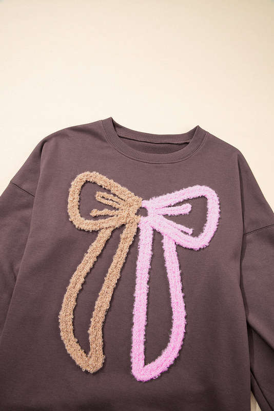 Dark Khaki Contrast Terry Bow Pattern Drop Shoulder Sweatshirt