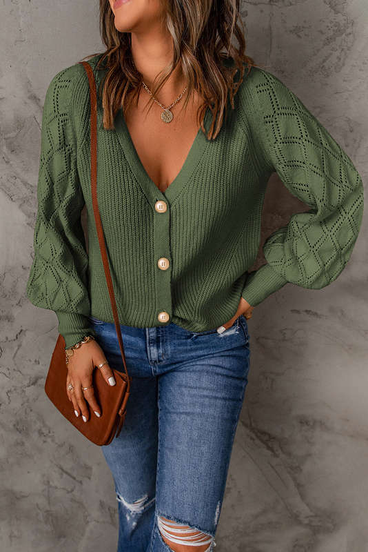 Green Bishop Sleeve Button V Neck Cardigan Sweater