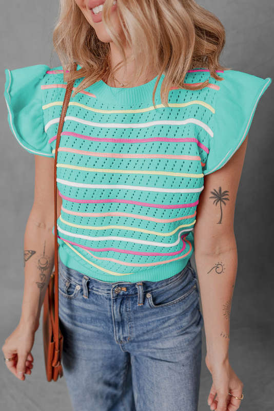 Green Knitted V-Neck Casual Top with Raw Seam Detail